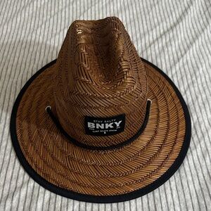 Brown Woven Straw Fedora Hat with Chin Cord